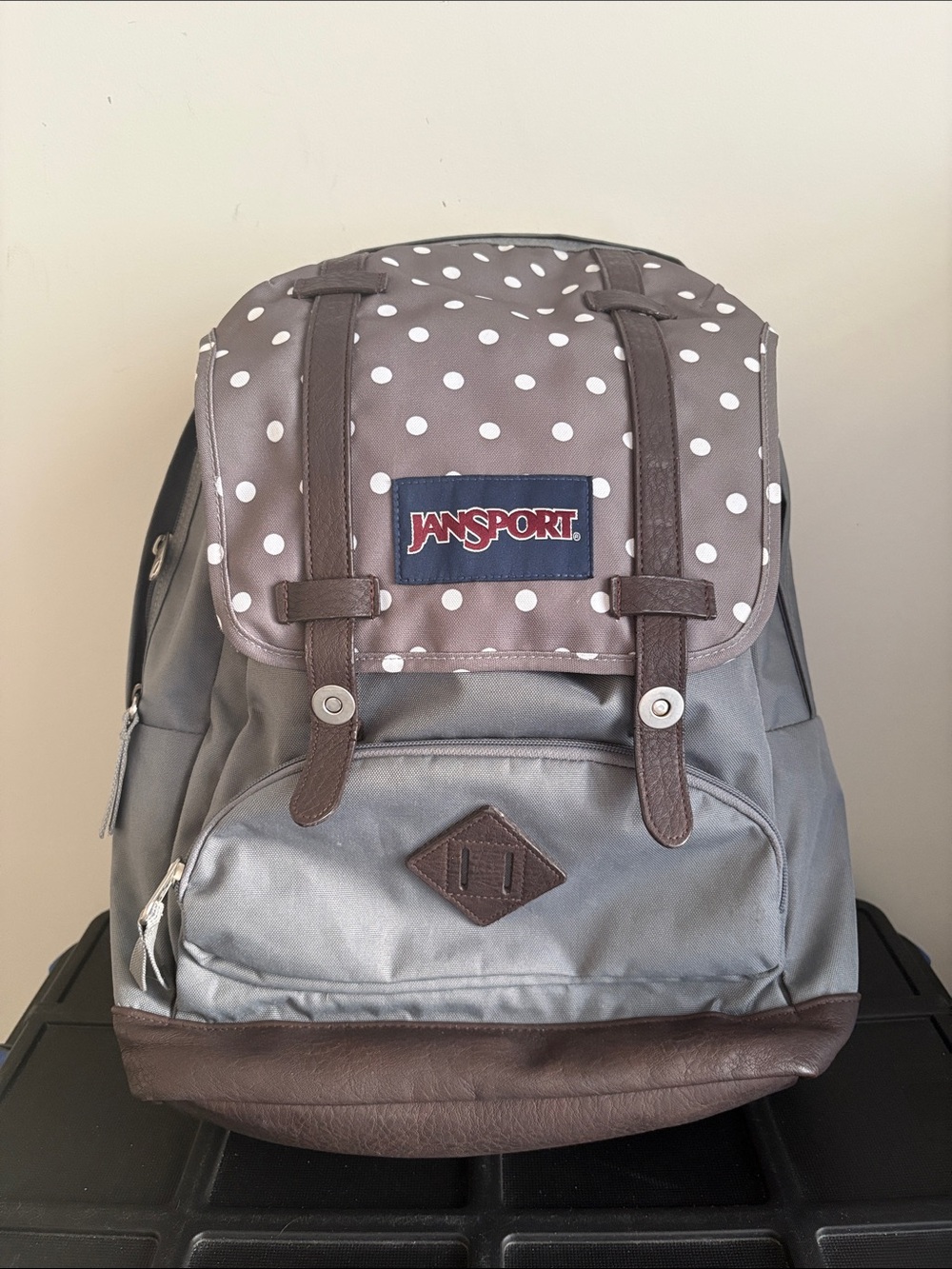 Jansport Gray and White Polka Dot Backpack with Brown Trim